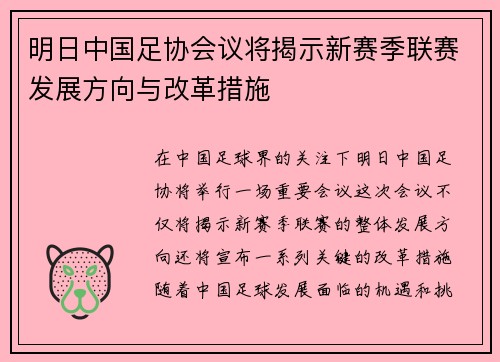 明日中国足协会议将揭示新赛季联赛发展方向与改革措施