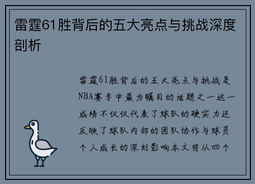 雷霆61胜背后的五大亮点与挑战深度剖析