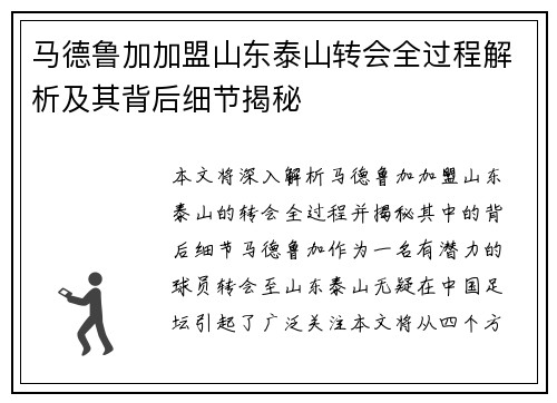 马德鲁加加盟山东泰山转会全过程解析及其背后细节揭秘
