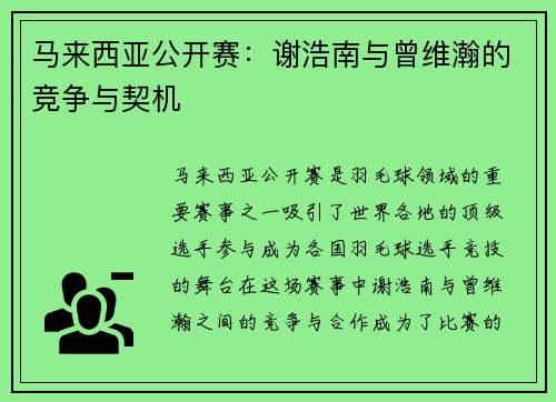 马来西亚公开赛：谢浩南与曾维瀚的竞争与契机