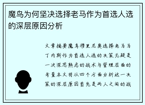 魔鸟为何坚决选择老马作为首选人选的深层原因分析